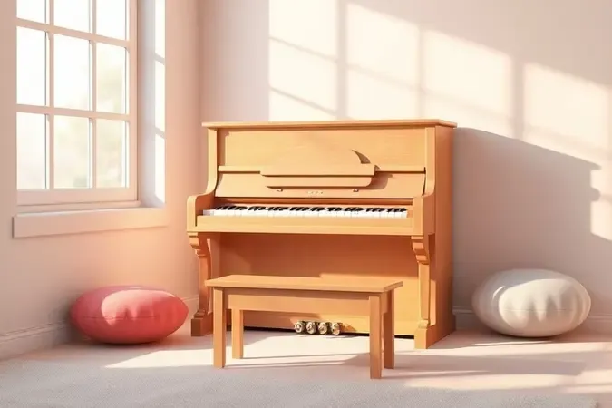 Piano vertical conceitual elegante em ambiente infantil de estudo com luz natural acolhedora