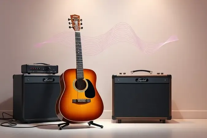 Guitarra semiacústica e amplificador com ondas sonoras abstratas em escena de estúdio 3D
