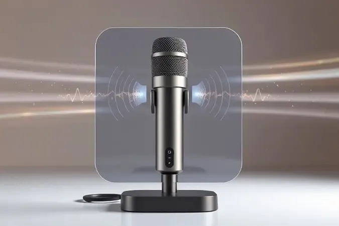 Microfone sem fio emitindo ondas de sinal limpas atravessando uma barreira de proteção translúcida