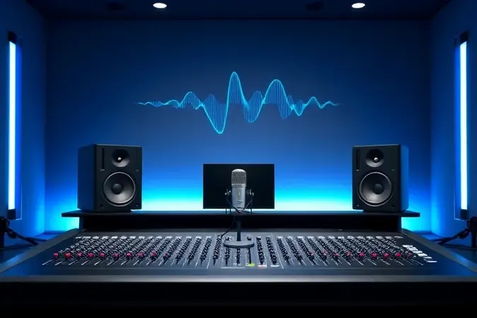 Mesa de som moderna com microfone e ondas sonoras em render 3D para evitar microfonia no culto