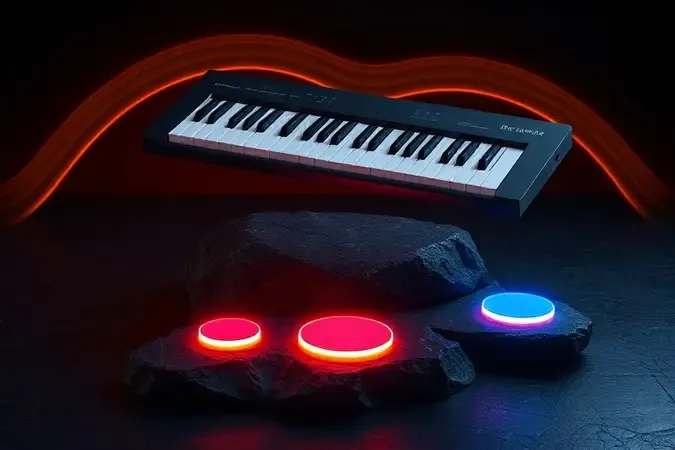 Teclado 3D conceitual com ondas sonoras e pads brilhantes representando timbres para worship