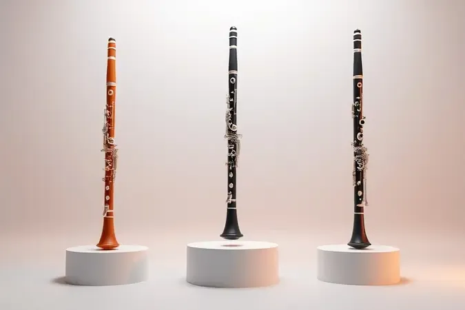 Três clarinetes sem marca em tons de madeira e preto exibidos em pedestais de alturas diferentes, representando escolha e comparação.