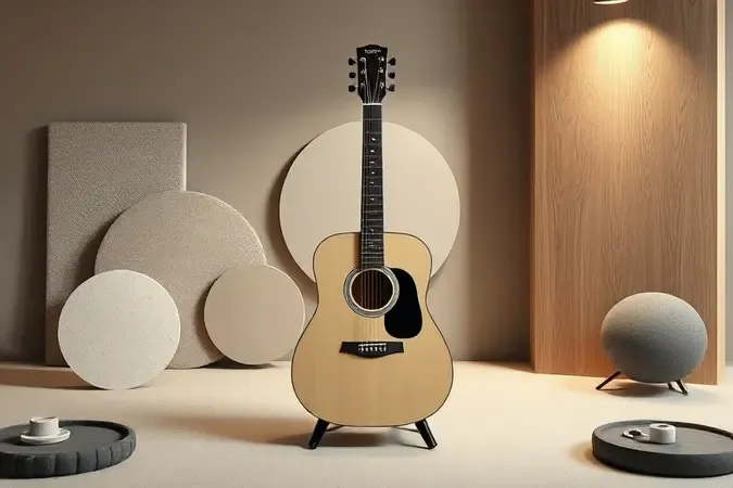Violão com materiais e ondas sonoras conceituais para avaliar marcas e escolher o instrumento.