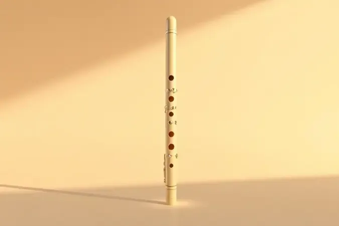 Flauta doce elegante em render 3D com tom marfim e iluminação suave de luz diurna sobre superfície limpa