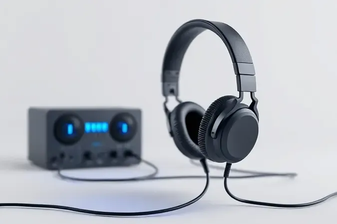 Fone de estúdio conectado a equipamento amplificado em cena conceitual ilustrando o conceito de impedância