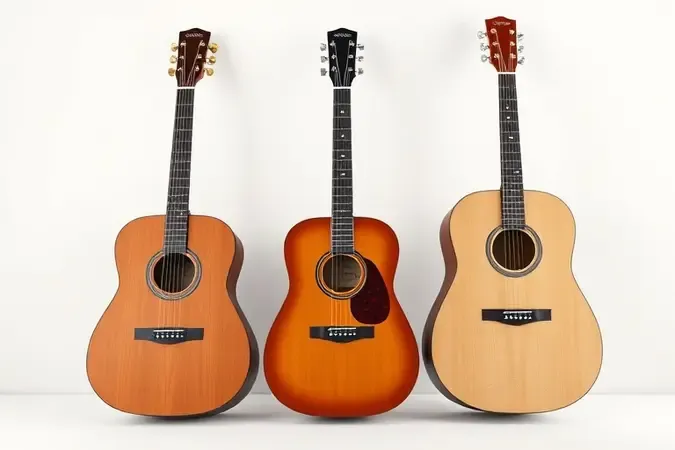 Silhuetas de violões nos formatos clássico, folk e auditorium em composição minimalista e sofisticada.
