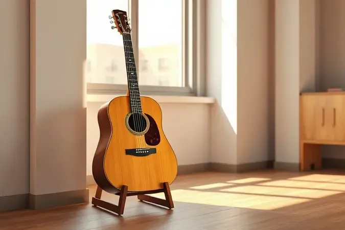 Ilustração conceitual de violão apoiado em suporte de piso em ambiente moderno e iluminado