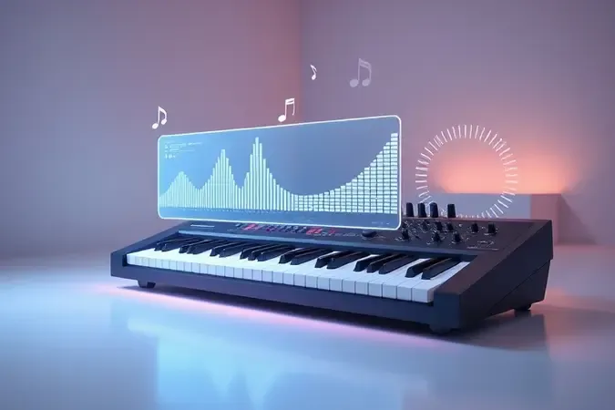 Ilustração conceitual de teclado arranjador com painel holográfico de ondas sonoras, ritmos e timbres em ambiente minimalista