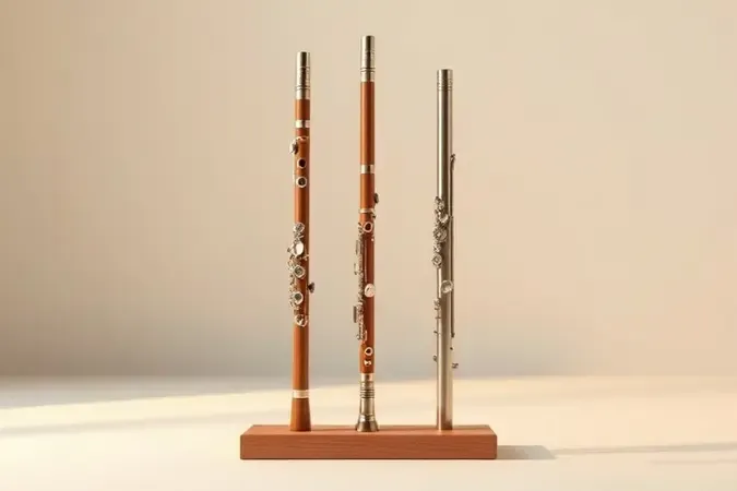 Várias flautas elegantes em suporte de madeira com luz profissional e atmosfera conceitual minimalista