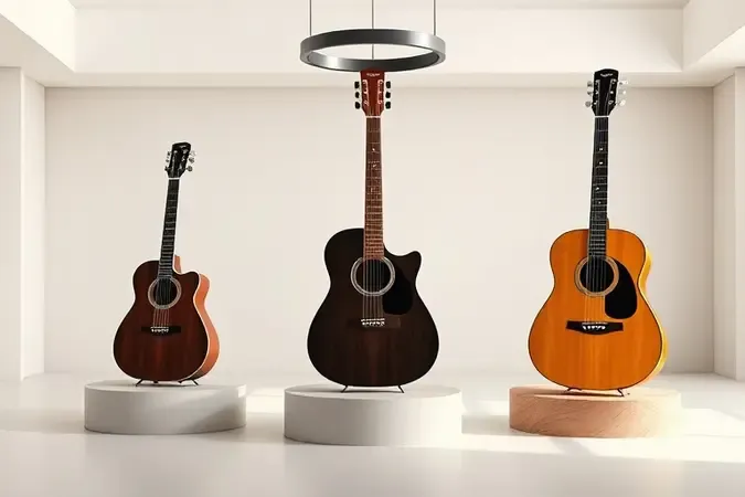 Três formatos genéricos de violão em composição 3D para orientar a escolha do violão ideal.
