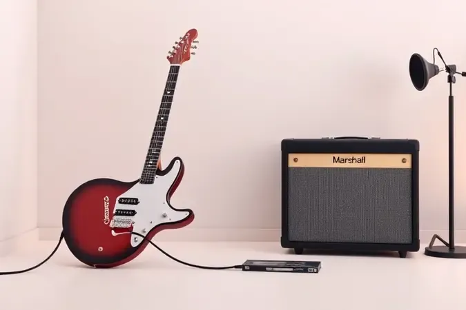 Guitarra elétrica ligada a amplificador moderno por cabo em conceito de estúdio de gravação