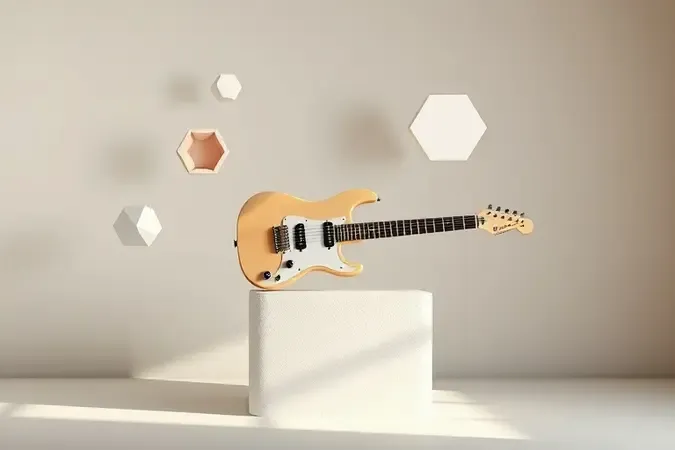 Render conceitual de guitarra elétrica moderna sobre pedestal de pedra simbolizando decisões de compra