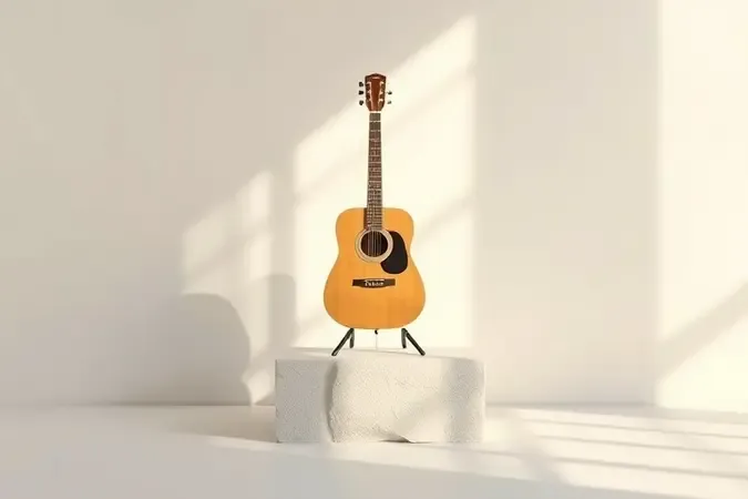 Guitarra acústica simples e acessível sobre bloco de pedra em render conceitual premium