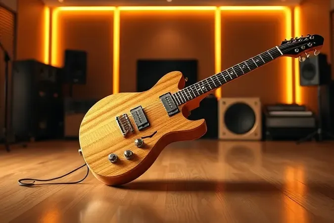 Guitarra elétrica premium em estúdio moderno com iluminação quente destacando corpo de madeira.