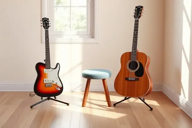 Guitarra elétrica e acústica em cenário conceitual para orientar iniciantes na escolha do primeiro instrumento.