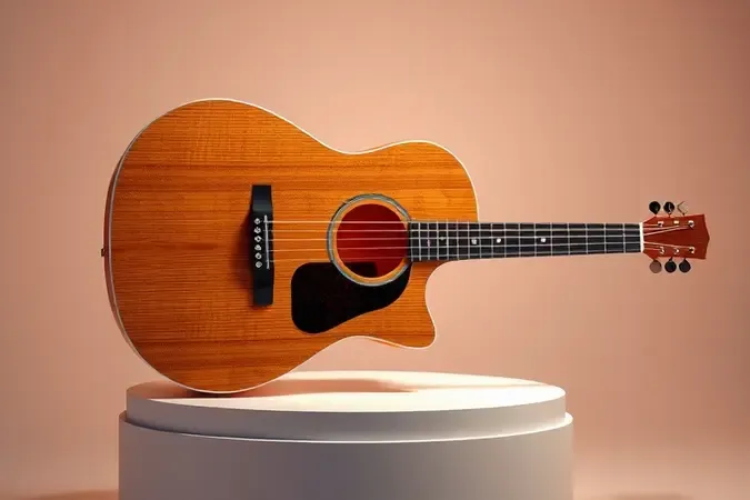 Guitarra semiacústica em corte seccional mostrando corpo oco e construção interna em render 3D