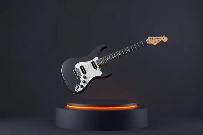 Render 3D de guitarra superstrat sem marca, corpo angulado sobre pódio escuro com luz profissional