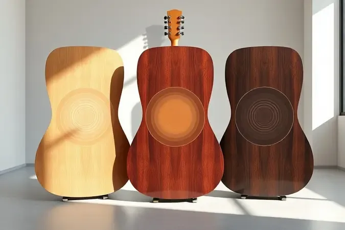 Painéis de madeiras para violão com ondas sonoras conceituais, mostrando o impacto da madeira no timbre.