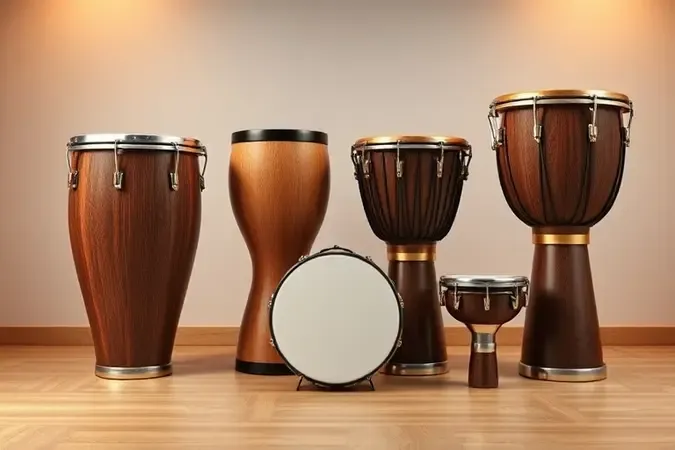 Render 3D conceitual de instrumentos essenciais de uma bateria de escola de samba com acabamento premium.