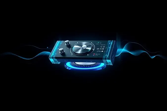 Conceito de gravação de guitarra com baixa latência e driver ASIO, com onda de áudio sobre tal classe e interface moderna.