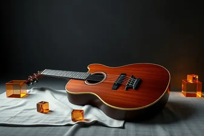 Guitarra conceitual premium com quartzo âmbar e iluminação dourada sugerindo herança e valor atemporal