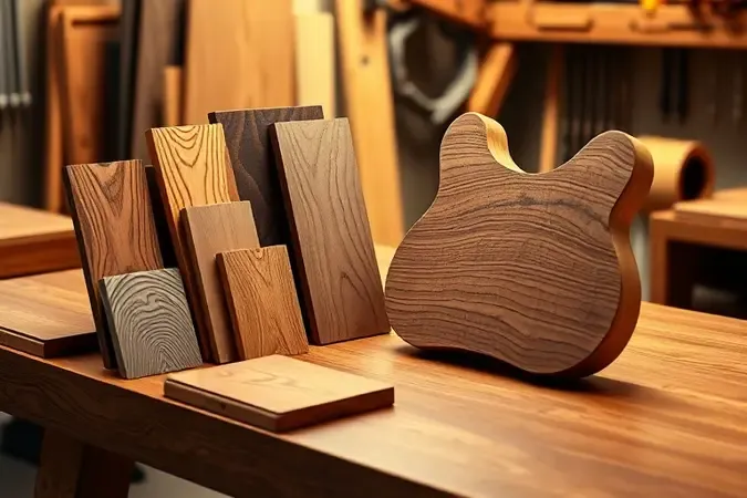 Amostras de madeira de guitarra com veios característicos em bancada de estúdio, render 3D conceitual