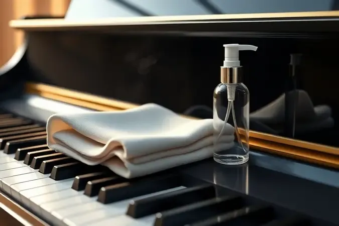 Piano digital estilizado com pano de microfibra e spray em cena conceitual de manutenção com luz suave