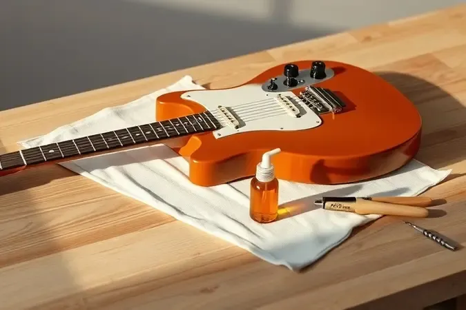 Guitarra elétrica sobre flanela com kit de produtos para cuidados de manutenção básica
