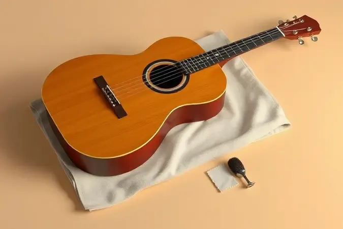 Composição minimalista de violão com acessórios de manutenção como pano e pincel sobre superfície limpa, reforçando os cuidados em casa.