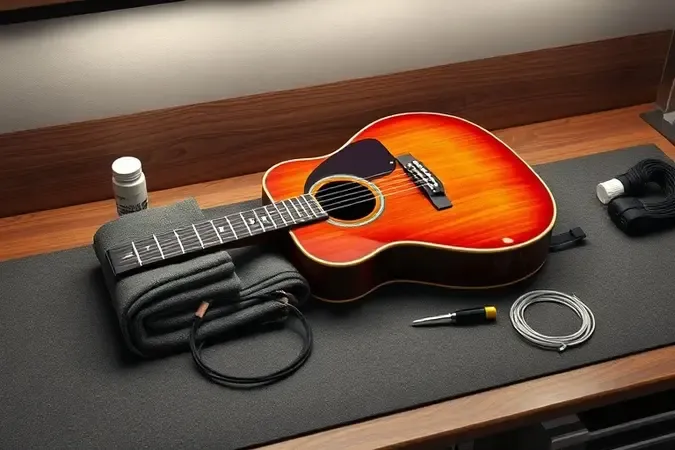 Kit conceitual de manutenção de guitarra com pano, cordas e ferramentas em bancada organizada.
