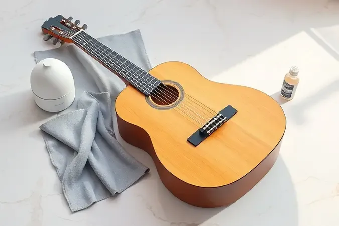 Render conceitual de violão de nylon com panos de limpeza e umidificador sobre mármore
