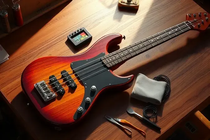 Baixo elétrico sobre bancada de madeira com ferramentas e cordas extras, representando cuidados de manutenção e ergonomia.