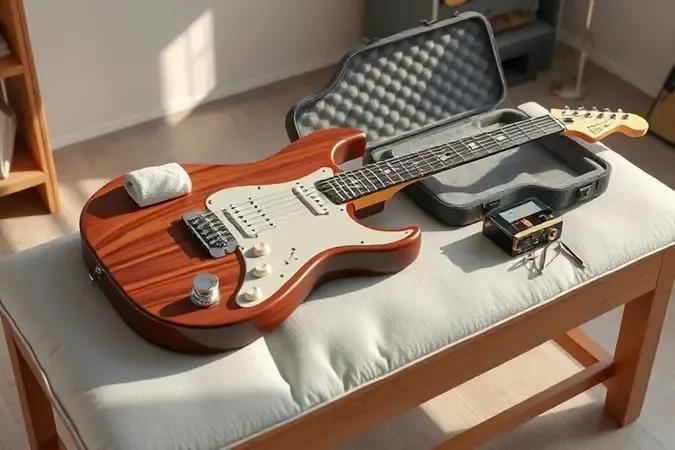 Guitarra elétrica e acessórios genéricos de manutenção para conservar o instrumento por mais tempo.