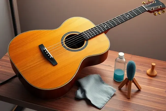 Kit de manutenção de guitarra semiacústica com pano de polimento e frasco em bancada de estúdio