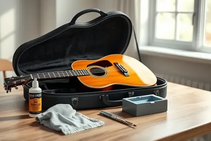 Cena de manutenção de violão com case aberto, pano de limpeza e umidificador sobre mesa de madeira