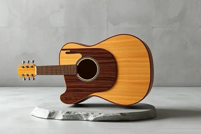 Camadas de madeira e componentes de violão em render 3D, ilustrando materiais e design acústico.