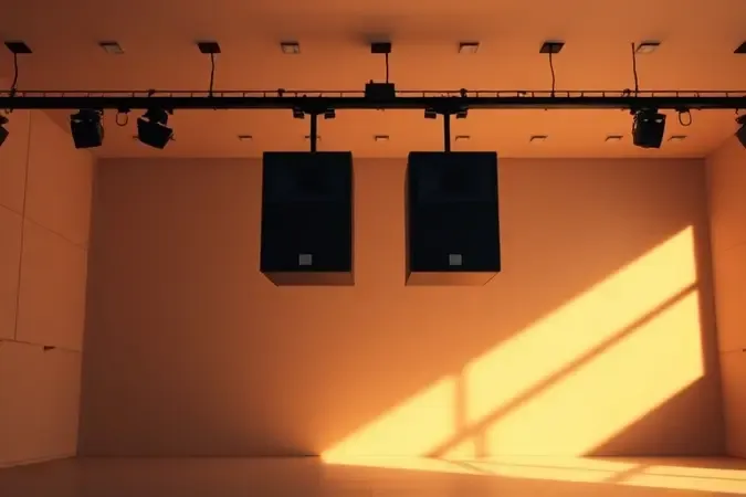 Render conceitual de caixas de som amplificadas suspensas em palco limpo e moderno de auditório.