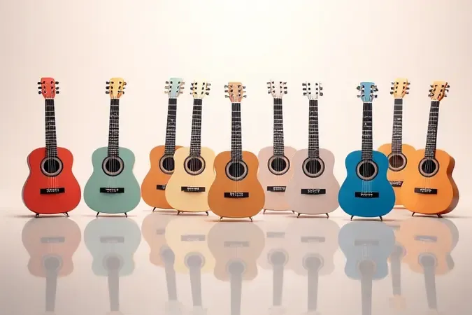 Render conceitual de guitarras infantis modernas em composição elegante sobre superfície reflexiva.