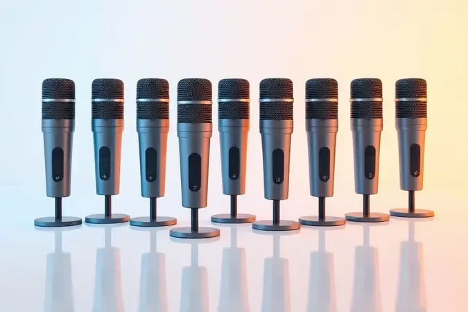 Conjunto de microfones modernos minimalistas alinhados em render 3D sobre superfície refletiva limpa