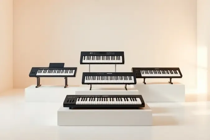 Seleção de teclados musicais modernos em render 3D premium exibidos em pedestais minimalistas