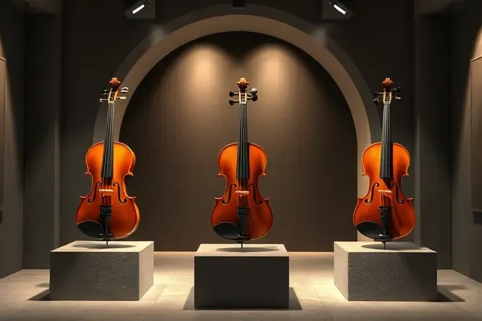 Galeria conceitual com violinos acústicos de madeira, simbolizando os melhores violinos do mundo.