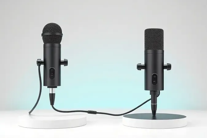Render conceitual de microfones com fio e sem fio em pedestal minimalista com arcos de conectividade