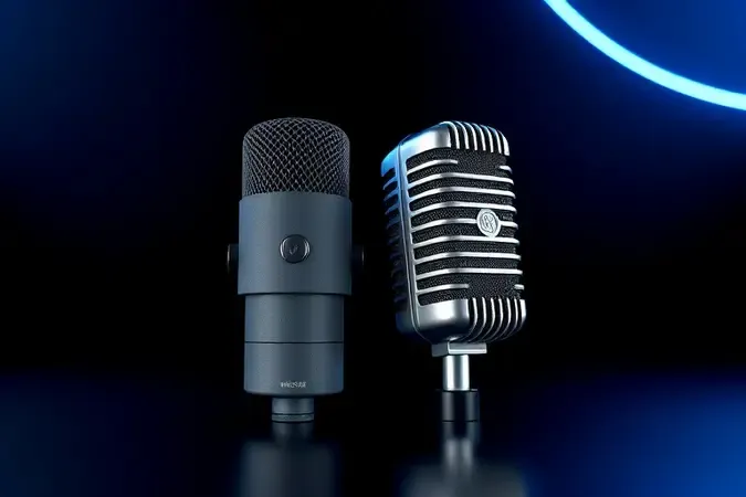 Comparativo conceitual em render 3D entre microfone dinâmico e microfone condensador