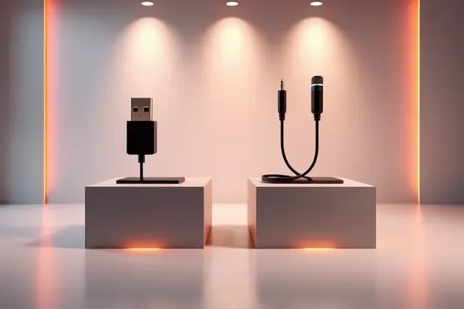 Comparação visual entre microfones condensadores USB e XLR em cenário minimalista de estúdio