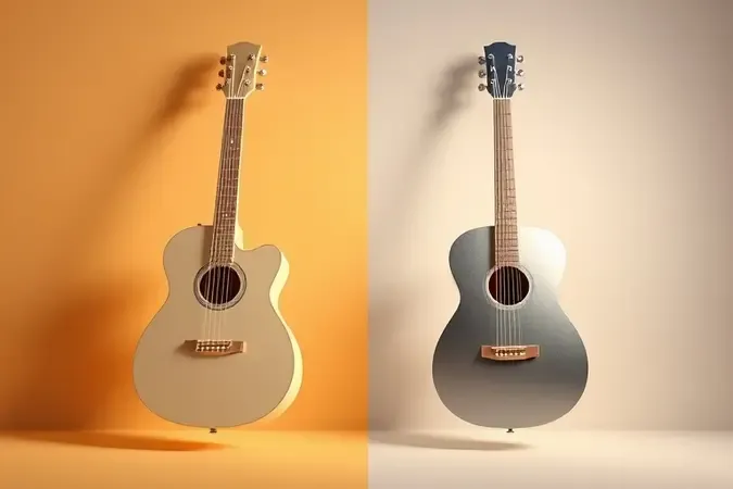 Comparação conceitual entre cordas de nylon e aço em render 3D com tons quentes e frios