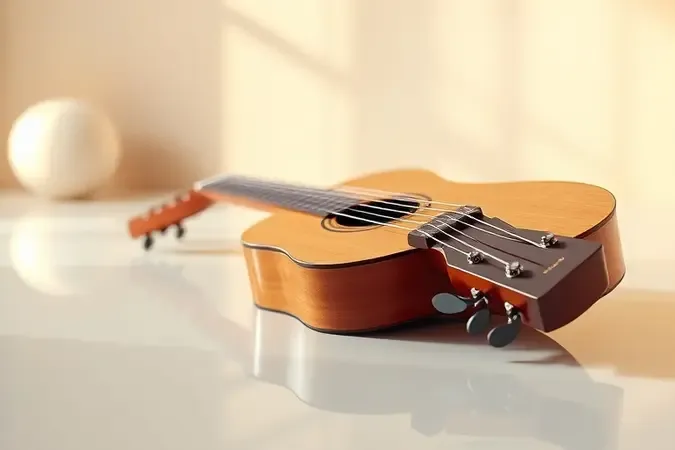 Render conceitual de violão clássico com destaque para as cordas de nylon, trastes e cavalete em superfície limpa