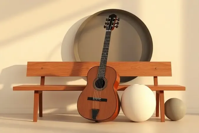 Cavaquinho em render 3D sobre bancada minimalista com formas geométricas representando escolha consciente do instrumento