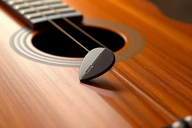 Palheta de guitarra elegante apoiada sobre a superfície de um violão em cena minimalista.