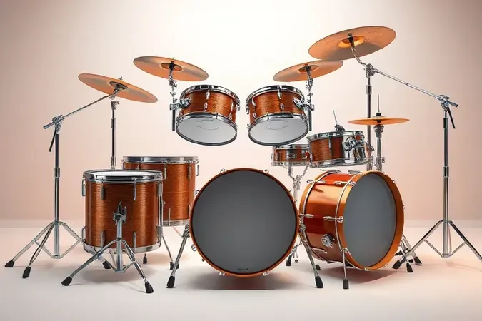 Render 3D mostrando as partes separadas de uma bateria acústica com tambores e pratos