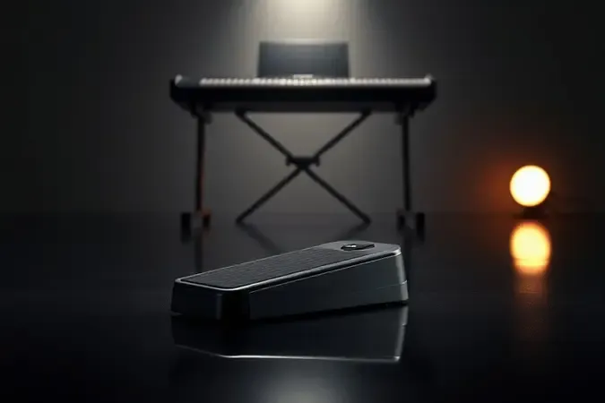 Pedal sustain de teclado musical em cena 3D conceitual sobre piso refletivo com iluminação suave de estúdio